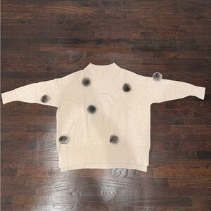 N Peal 100% Cashmere Cream Sweater with Pom Pom Accents